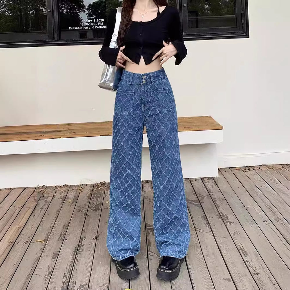 Summer Ladies New Loose Drooping Slimming Jacquard Design Straight-leg Denim Trousers