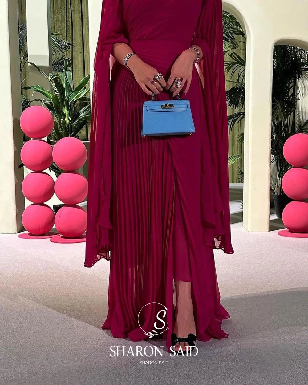 Sharon Said Dubai Fuchsia High-Neck Evening Dresses with Chiffon Long Sleeves for Women Wedding Formal Gown SF085 Customized
